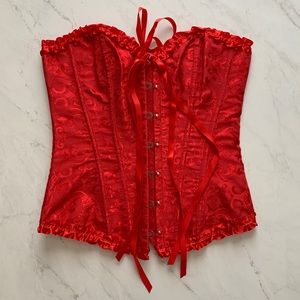 Bright Red Corset with Ribbon Matching Lingerie Set
